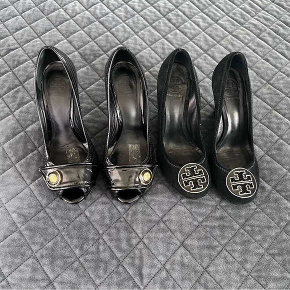 Tory Burch Shoes Womens 7.5 Wedges High Heels platform Black Suede Leather Set - Picture 1 of 16